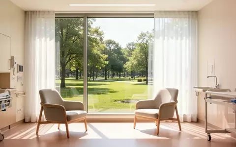 Ein heller, moderner Rehabilitationsraum mit großen Fenstern und Blick ins Grüne, der eine ruhige und erholsame Atmosphäre vermittelt. - Foto: über boerse-global.de