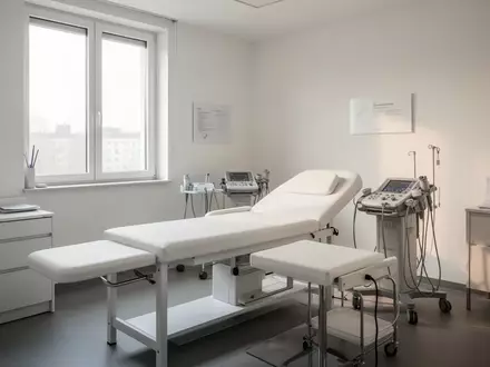 Ein leerer, minimalistischer Behandlungsraum in einer deutschen Arztpraxis mit Untersuchungsliege bei natürlichem Licht. - Foto: über boerse-global.de