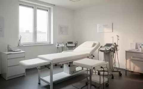 Ein leerer, minimalistischer Behandlungsraum in einer deutschen Arztpraxis mit Untersuchungsliege bei natürlichem Licht. - Foto: über boerse-global.de