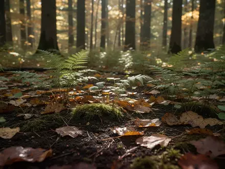 Ein sonnendurchfluteter Waldboden mit Moos, Farnen und herbstlichem Laub im Wald. - Foto: über boerse-global.de