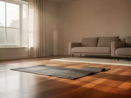 Ein minimalistischer, lichtdurchfluteter Wohnraum mit einer ausgelegten Yogamatte auf einem Holzboden. - Foto: über boerse-global.de