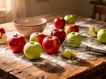 Frische Äpfel, eine Rührschüssel und ein Schneebesen auf einem bemehlten Küchentisch im natürlichen Licht. - Foto: über boerse-global.de