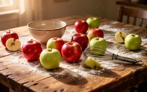 Frische Äpfel, eine Rührschüssel und ein Schneebesen auf einem bemehlten Küchentisch im natürlichen Licht. - Foto: über boerse-global.de
