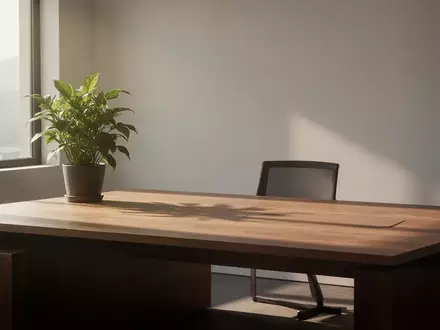 Ein minimalistischer, heller Büroarbeitsplatz mit Schreibtisch und einer Pflanze im sanften Morgenlicht. - Foto: über boerse-global.de