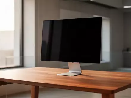 Ein minimalistischer Arbeitsplatz mit einem ausgeschalteten Monitor auf einem Holztisch in einem hellen, aufgeräumten Raum. - Foto: über boerse-global.de
