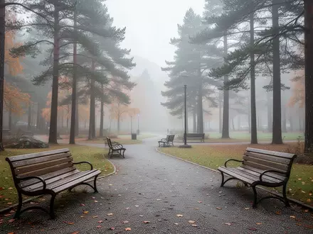 Ein leerer öffentlicher Park in Norwegen an einem nebligen Herbstmorgen mit Holzbänken und einem Kiesweg. - Foto: über boerse-global.de