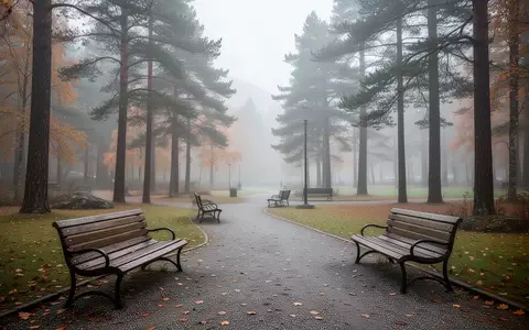 Ein leerer öffentlicher Park in Norwegen an einem nebligen Herbstmorgen mit Holzbänken und einem Kiesweg. - Foto: über boerse-global.de