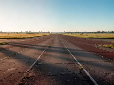 Weite Asphaltfläche auf dem Tempelhofer Feld in Berlin mit langen Schatten im goldenen Licht des späten Nachmittags. - Foto: über boerse-global.de