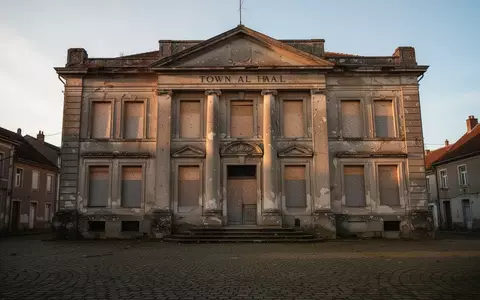 Ein verlassenes und sanierungsbedürftiges Rathausgebäude auf einem leeren Stadtplatz bei Dämmerung. - Foto: über boerse-global.de