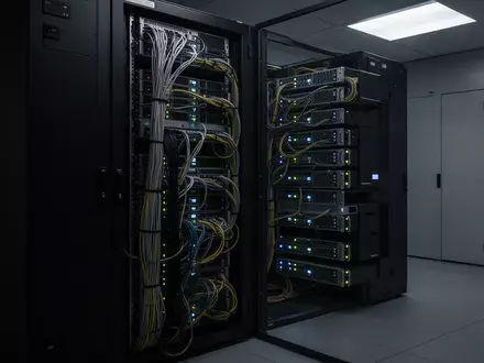 Modernes Server-Rack in einem klimatisierten Serverraum mit geordneter Verkabelung und dezenten Statusleuchten. - Foto: über boerse-global.de
