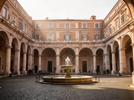 Ein sonnendurchfluteter Innenhof im Vatikan mit alten Steinarkaden und einem Brunnen in ruhiger Atmosphäre. - Foto: über boerse-global.de