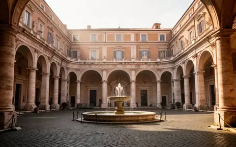 Ein sonnendurchfluteter Innenhof im Vatikan mit alten Steinarkaden und einem Brunnen in ruhiger Atmosphäre. - Foto: über boerse-global.de
