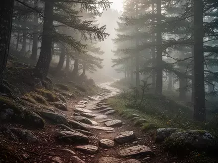 Ein gewundener Bergpfad in einem nebligen Wald, der ein Gefühl von Ausdauer und Ruhe vermittelt. - Foto: über boerse-global.de