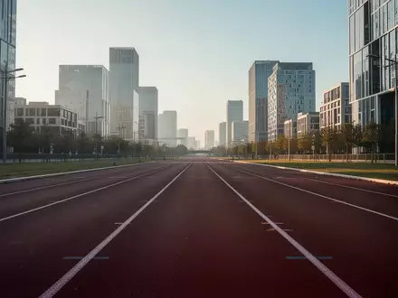 Eine leere, asphaltierte Marathonstrecke vor einer modernen städtischen Kulisse bei klarem Tageslicht. - Foto: über boerse-global.de