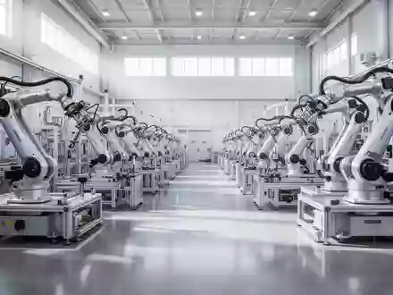 Moderne, automatisierte Industriefertigungshalle mit präzisen mechanischen Armen in einer hellen, sauberen Fabrikumgebung. - Foto: über boerse-global.de