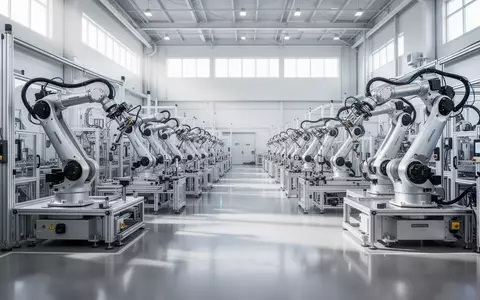 Moderne, automatisierte Industriefertigungshalle mit präzisen mechanischen Armen in einer hellen, sauberen Fabrikumgebung. - Foto: über boerse-global.de