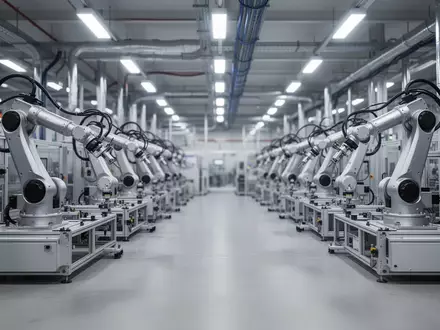 Eine saubere, moderne Fabrikhalle mit industriellen Maschinen und Roboterarmen in einer ordentlichen, technologisch geprägten Umgebung. - Foto: über boerse-global.de