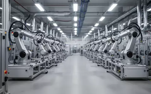 Eine saubere, moderne Fabrikhalle mit industriellen Maschinen und Roboterarmen in einer ordentlichen, technologisch geprägten Umgebung. - Foto: über boerse-global.de