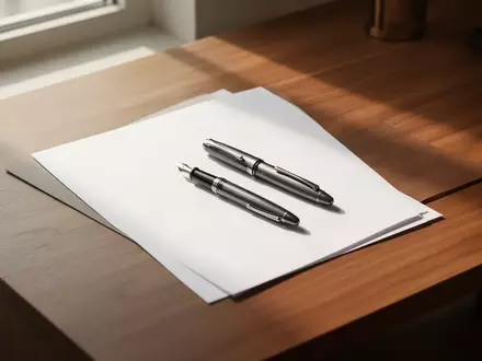 Zwei Füllfederhalter auf einem leeren Blatt Papier auf einem minimalistischen Holztisch bei natürlichem Tageslicht. - Foto: über boerse-global.de