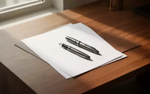 Zwei Füllfederhalter auf einem leeren Blatt Papier auf einem minimalistischen Holztisch bei natürlichem Tageslicht. - Foto: über boerse-global.de