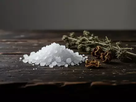 Nahaufnahme von grobem Meersalz und getrockneten Kräutern auf einem dunklen Holztisch als Symbol für Inhaltsstoffe in Snacks. - Foto: über boerse-global.de