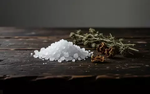 Nahaufnahme von grobem Meersalz und getrockneten Kräutern auf einem dunklen Holztisch als Symbol für Inhaltsstoffe in Snacks. - Foto: über boerse-global.de