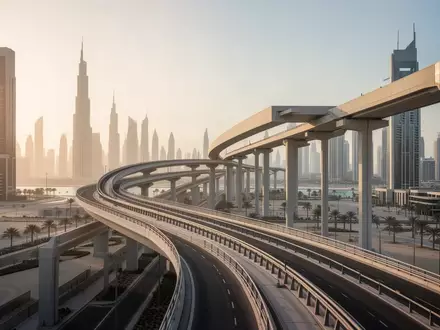 Eine moderne, erhöhte Transportschiene in einer minimalistischen Stadtlandschaft auf Bluewaters Island in Dubai. - Foto: über boerse-global.de