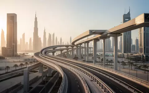 Eine moderne, erhöhte Transportschiene in einer minimalistischen Stadtlandschaft auf Bluewaters Island in Dubai. - Foto: über boerse-global.de