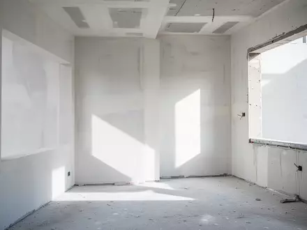 Ein heller, minimalistischer Rohbau mit frisch verputzten Wänden und einem leeren Fensterrahmen in einem Handwerksbetrieb. - Foto: über boerse-global.de