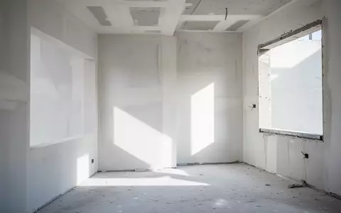 Ein heller, minimalistischer Rohbau mit frisch verputzten Wänden und einem leeren Fensterrahmen in einem Handwerksbetrieb. - Foto: über boerse-global.de