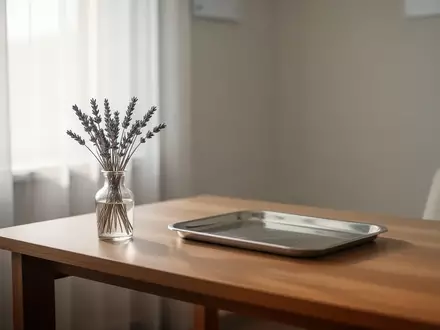 Ein helles, minimalistisches Behandlungszimmer mit einem Holztisch, einer Vase mit Lavendel und einem leeren medizinischen Tablett in ruhigem, natürlichem Licht. - Foto: über boerse-global.de