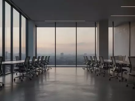 Ein leeres, modernes Büro bei Dämmerung mit minimalistischem Design und natürlichem Licht. - Foto: über boerse-global.de