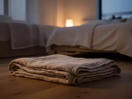 Ein minimalistisches, ruhig gestaltetes Schlafzimmer bei Dämmerung mit weichem Licht und einer gefalteten Decke auf dem Boden. - Foto: über boerse-global.de