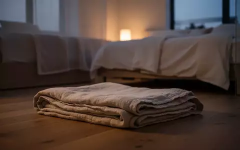 Ein minimalistisches, ruhig gestaltetes Schlafzimmer bei Dämmerung mit weichem Licht und einer gefalteten Decke auf dem Boden. - Foto: über boerse-global.de