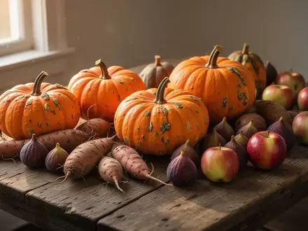 Verschiedene herbstliche Erzeugnisse wie Kürbisse, Wurzelgemüse, Äpfel und Feigen auf einem Holztisch bei natürlichem Licht. - Foto: über boerse-global.de