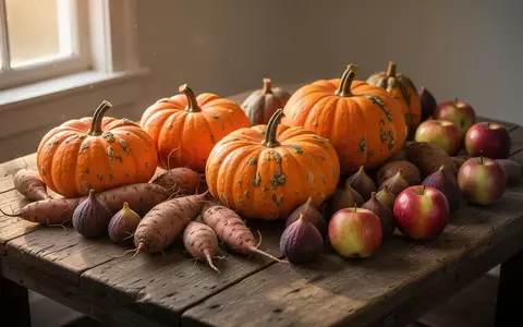 Verschiedene herbstliche Erzeugnisse wie Kürbisse, Wurzelgemüse, Äpfel und Feigen auf einem Holztisch bei natürlichem Licht. - Foto: über boerse-global.de