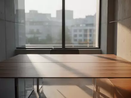 Minimalistischer, leerer Arbeitsbereich mit natürlichem Licht, der auf eine ruhige städtische Umgebung blickt. - Foto: über boerse-global.de