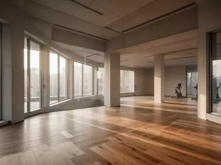 Ein minimalistischer, leerer Fitnessraum mit Holzboden und hellem Tageslicht, das durch große Fenster fällt. - Foto: über boerse-global.de