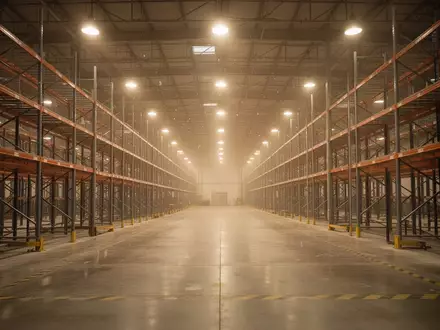 Ein weitläufiges, leeres Logistiklager mit hohen Metallregalen und Betonboden in einer Industriehalle. - Foto: über boerse-global.de