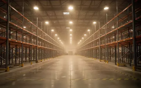 Ein weitläufiges, leeres Logistiklager mit hohen Metallregalen und Betonboden in einer Industriehalle. - Foto: über boerse-global.de