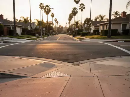Eine leere Straßenkreuzung in einem Wohngebiet von San Jose mit Gehwegen und einer Bordsteinrampe bei Sonnenuntergang. - Foto: über boerse-global.de