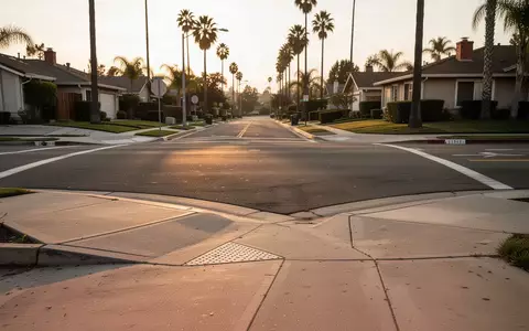 Eine leere Straßenkreuzung in einem Wohngebiet von San Jose mit Gehwegen und einer Bordsteinrampe bei Sonnenuntergang. - Foto: über boerse-global.de