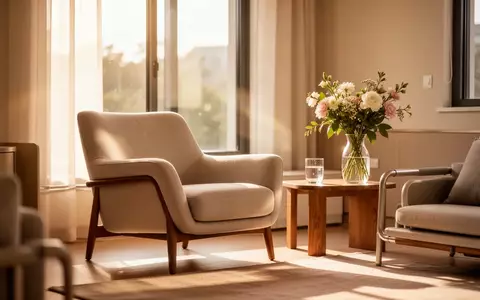 Ein helles, freundliches Wohnzimmer mit einem bequemen Sessel und frischen Blumen in einer Vase. - Foto: über boerse-global.de