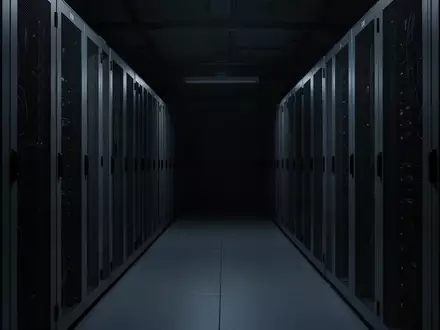Dunkler, minimalistischer Serverraum mit grauen Metallracks in einer industriellen Umgebung. - Foto: über boerse-global.de