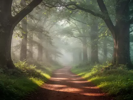 Ein schmaler, kurvenreicher Waldweg in der Morgendämmerung, der durch einen dichten, friedlichen Wald führt. - Foto: über boerse-global.de