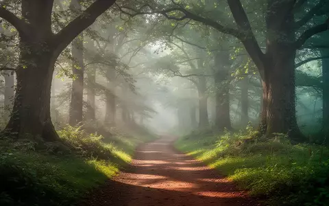 Ein schmaler, kurvenreicher Waldweg in der Morgendämmerung, der durch einen dichten, friedlichen Wald führt. - Foto: über boerse-global.de