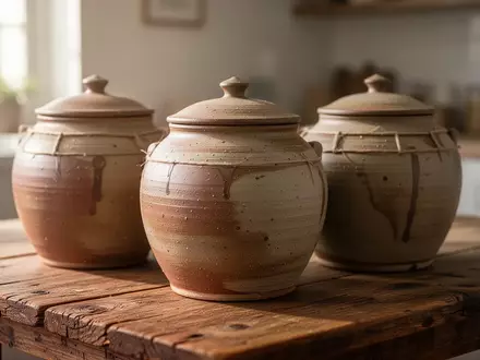 Traditionelle Keramikgefäße zur Fermentation auf einem hölzernen Tisch in einer hellen Küche. - Foto: über boerse-global.de