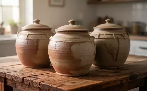 Traditionelle Keramikgefäße zur Fermentation auf einem hölzernen Tisch in einer hellen Küche. - Foto: über boerse-global.de