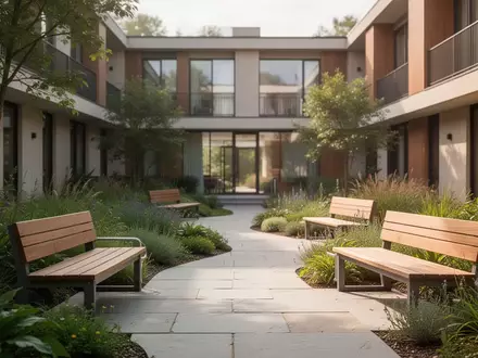 Ein barrierefreier Garten mit Steinwegen und Sitzbänken vor einem modernen Wohngebäude. - Foto: über boerse-global.de