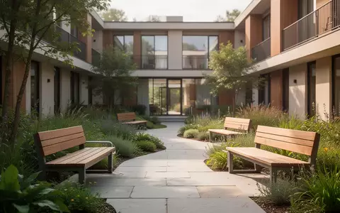 Ein barrierefreier Garten mit Steinwegen und Sitzbänken vor einem modernen Wohngebäude. - Foto: über boerse-global.de